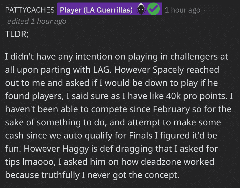 A screenshot of the comment posted by ACHES on reddit
