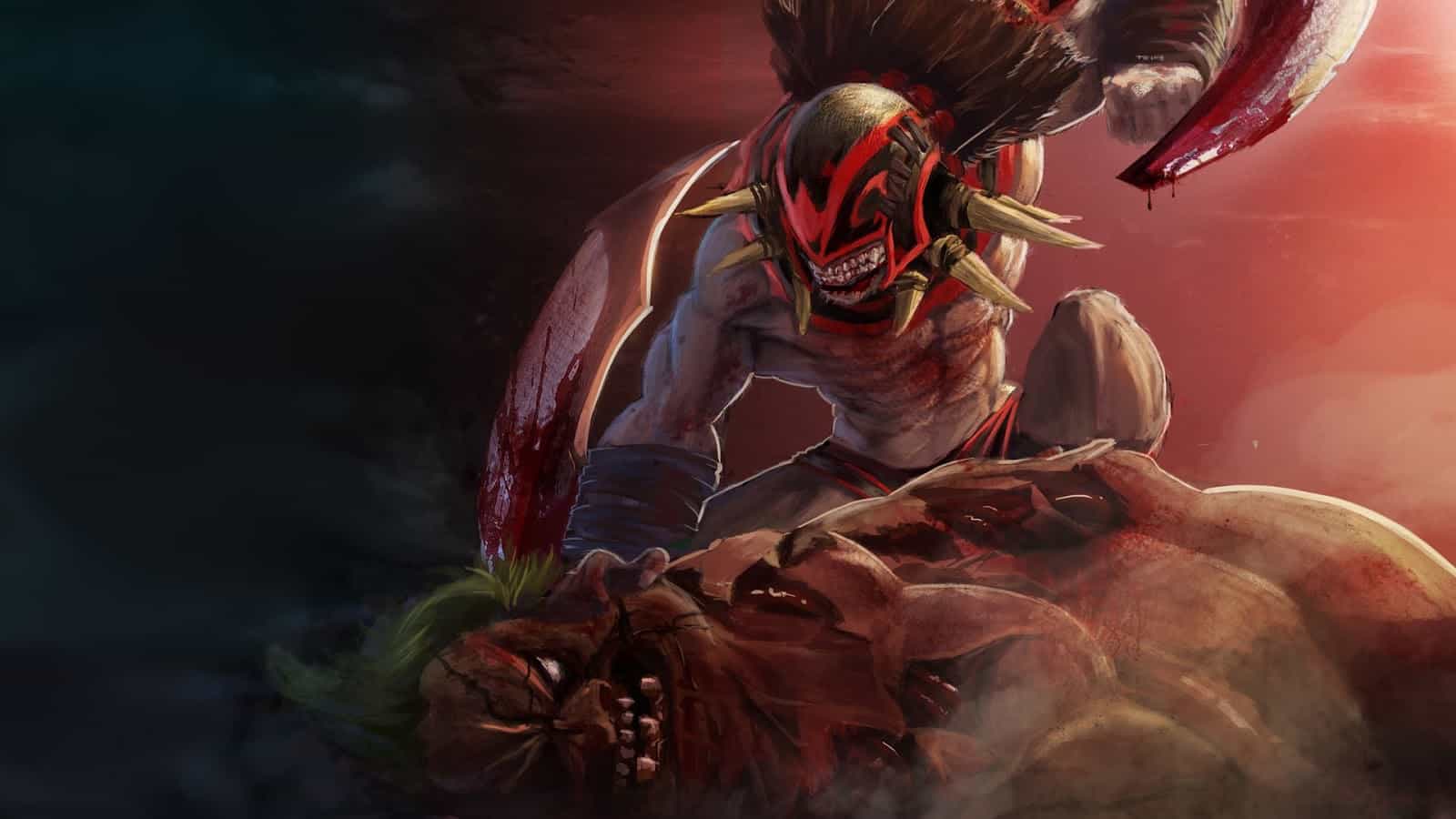 Splash art of the hero Bloodseeker, standing over the form of Pudge, his blades are drawn to deliver a final blow.