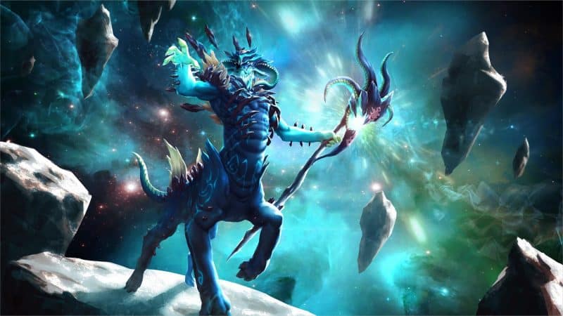 Dota 2 hero Leshrac, a centaur with a staff standing on a meteor in space with a blue explosion behind him