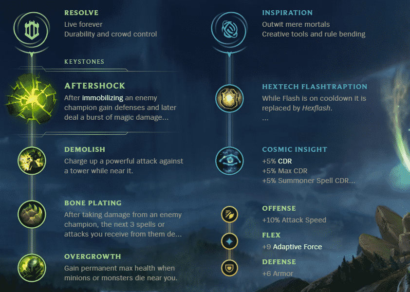 The Rune Page showing the Aftershock Build for Pantheon including Bone Plating and Overgrowth