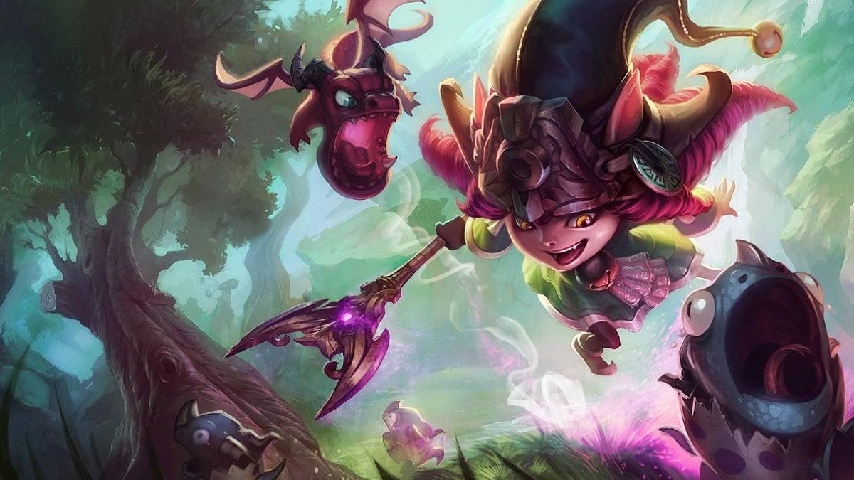 The splash art for League of Legends champion Lulu with the Dragon Trainer Lulu skin, a Yordle jumping through a forest with baby dragons