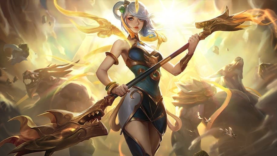 League of Legends champion Lux with the Lunar Empress Lux skin with her holding a staff while a bright line shines down on her with Nasus and Warwick on her sides
