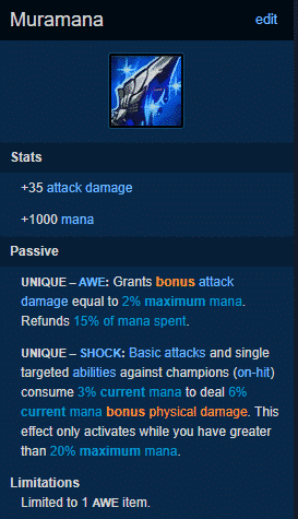 A description and stats of the League of Legends item Muramana