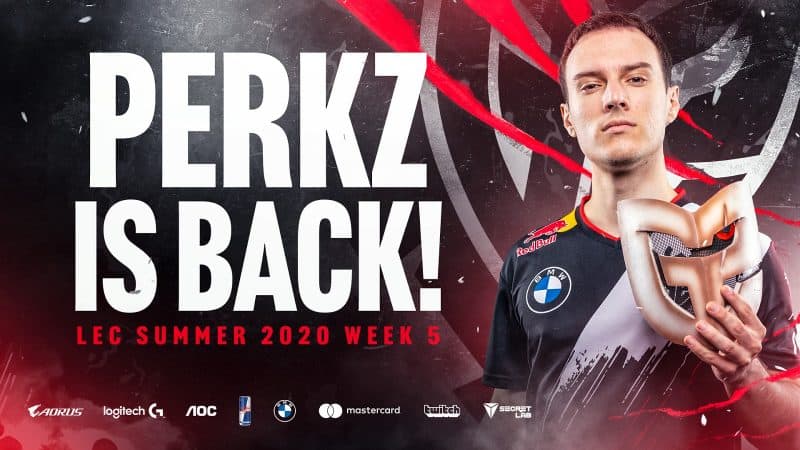 League of Legends player Perkz holding a G2 samurai mask with the words "Perkz is back" next to him