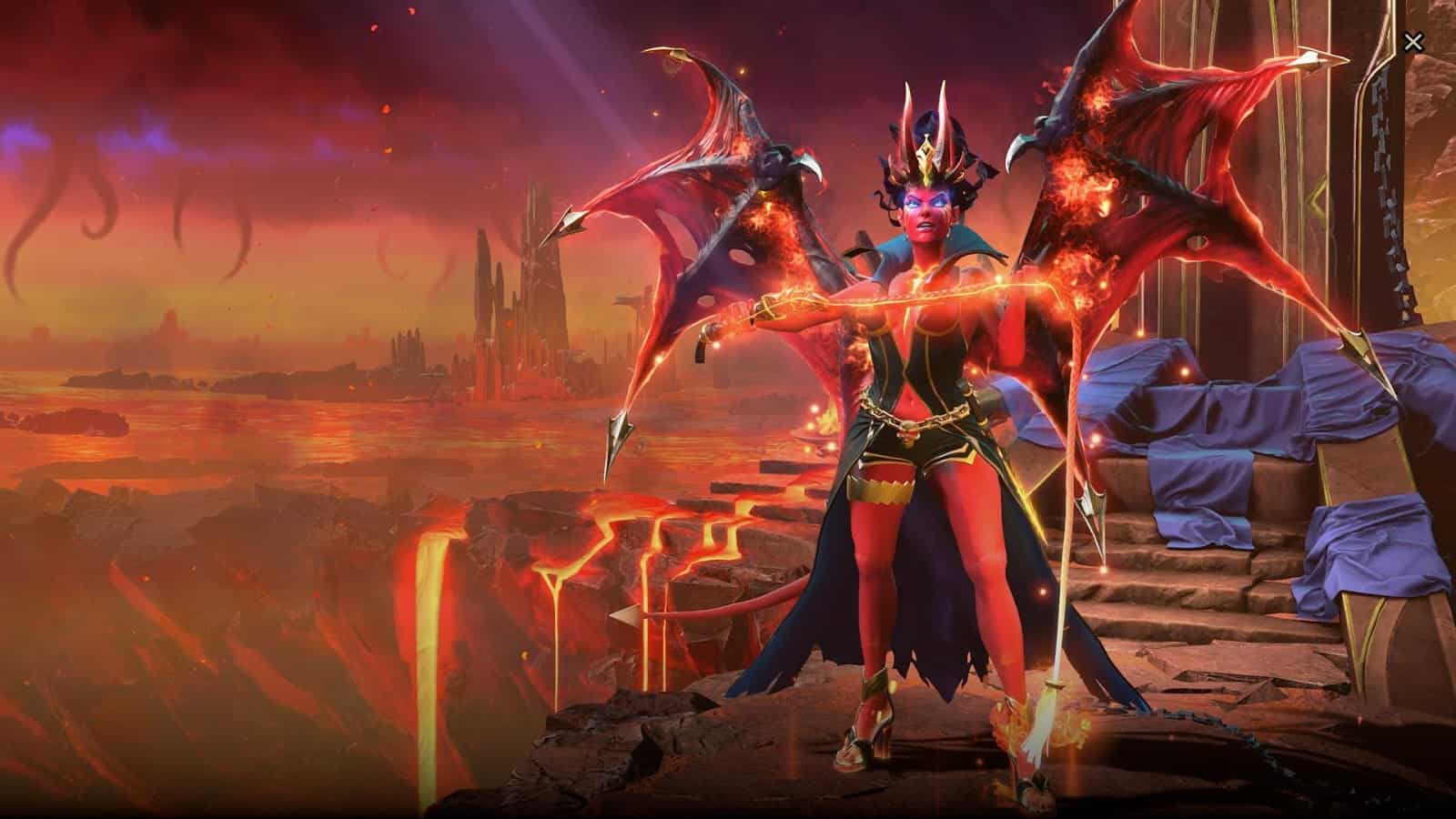 The Dota 2 hero Queen of Pain, a demon lady holding a whip in front of a barren landscape