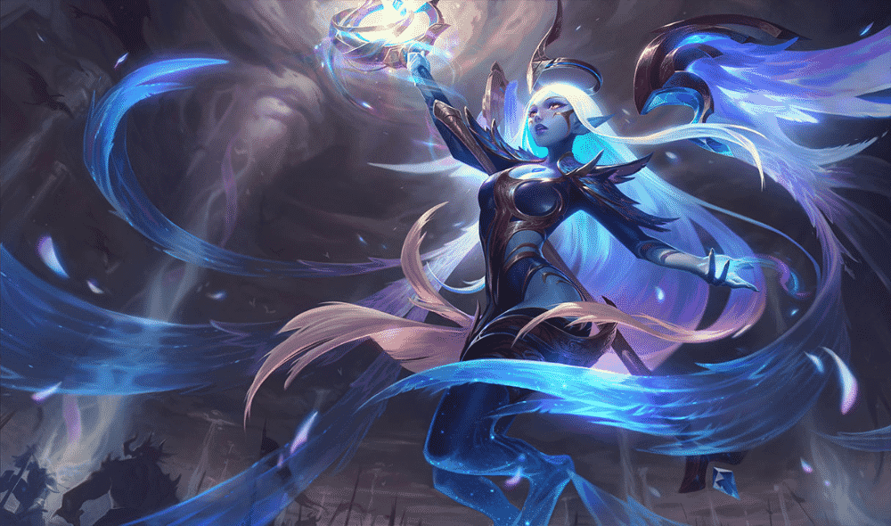 League of Legends champion Soraka in the Dawnbringer Skin, lifting her staff towards the heavens