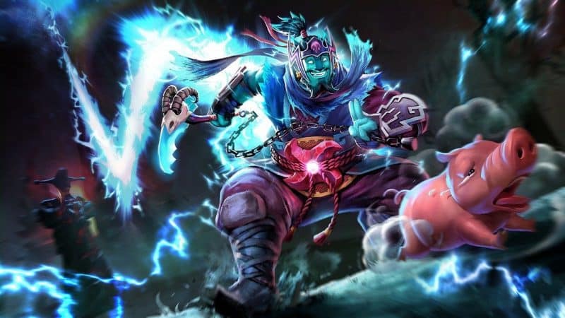 DOta 2 hero Storm Spirit chasing after a small pig with lightning all around him