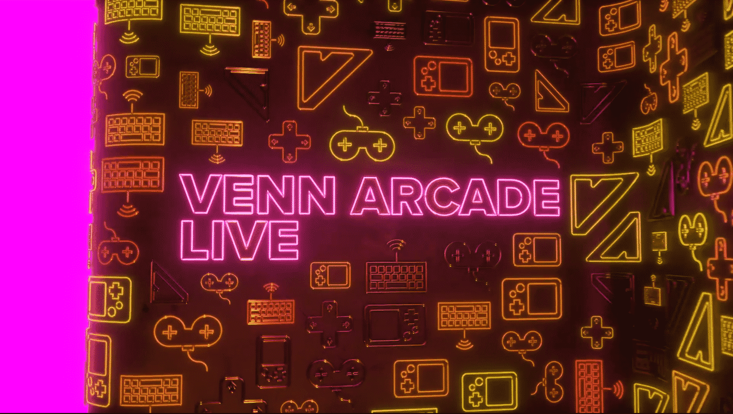 VENN Arcade Live shows up in bright purple font in front of a background filled with game controllers