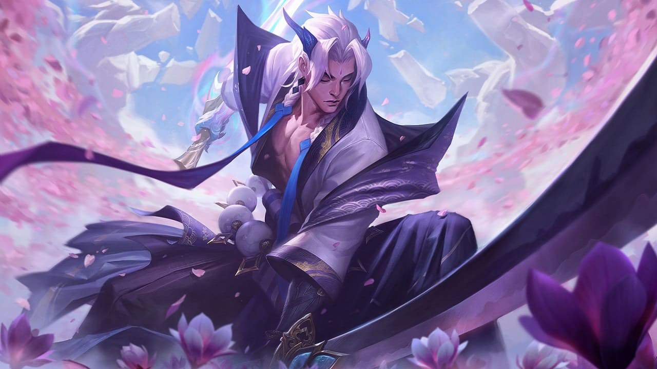 League of Legends champion Yone with his Spirit Blossom skin, with him swinging a katana in a field full of cherry blossoms