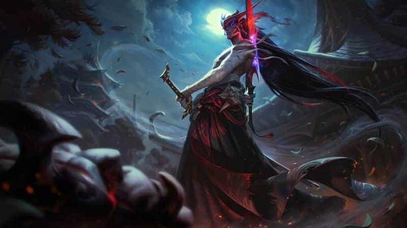 League of Legends champion Yone stands holding two katanas under a night sky