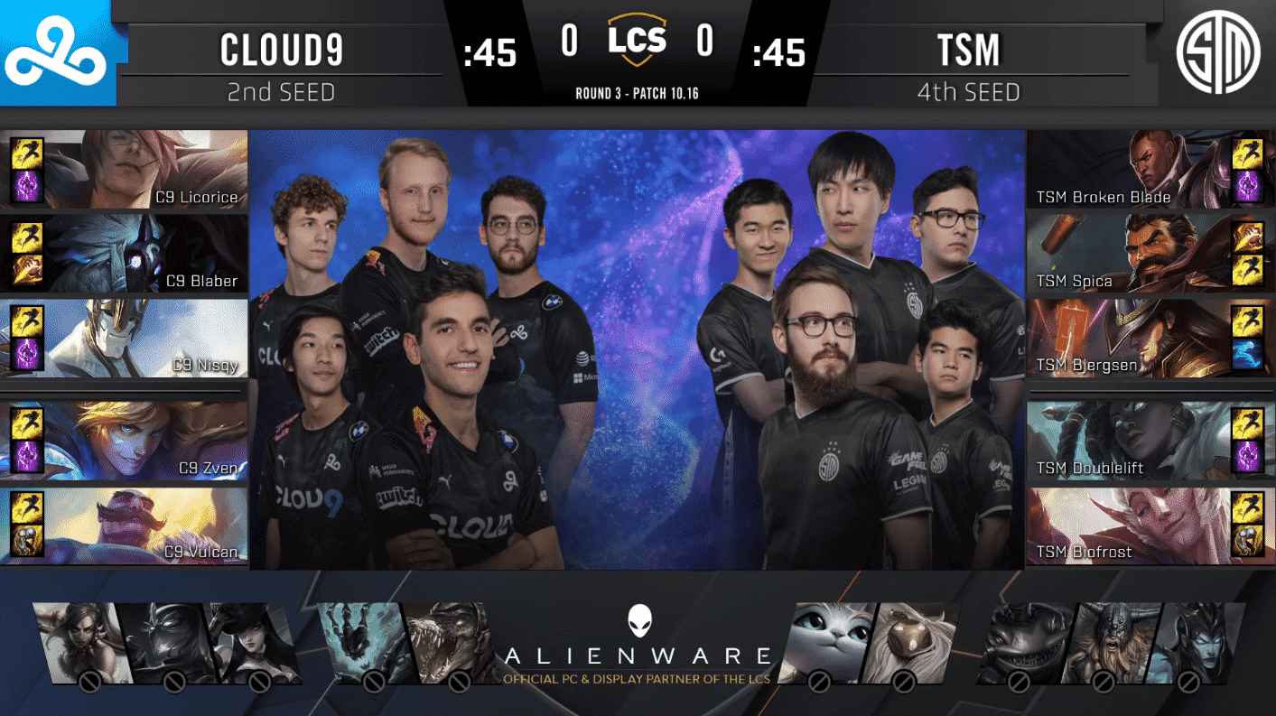 A pre-game screen showing the TSM and Cloud9 LCS rosters with their game drafts and champion images to the sides