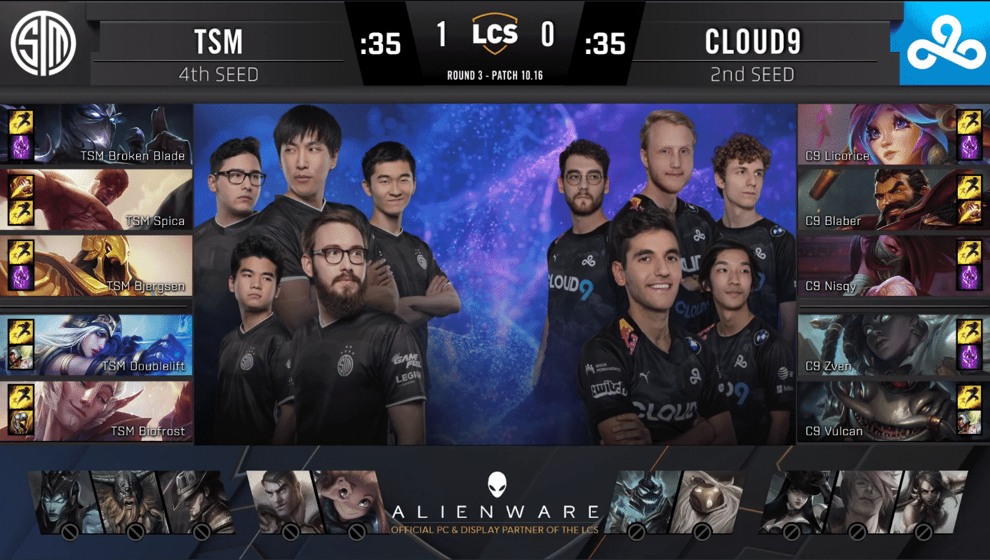 A pre-game screen showing the TSM and Cloud9 LCS rosters with their game drafts and champion images to the sides