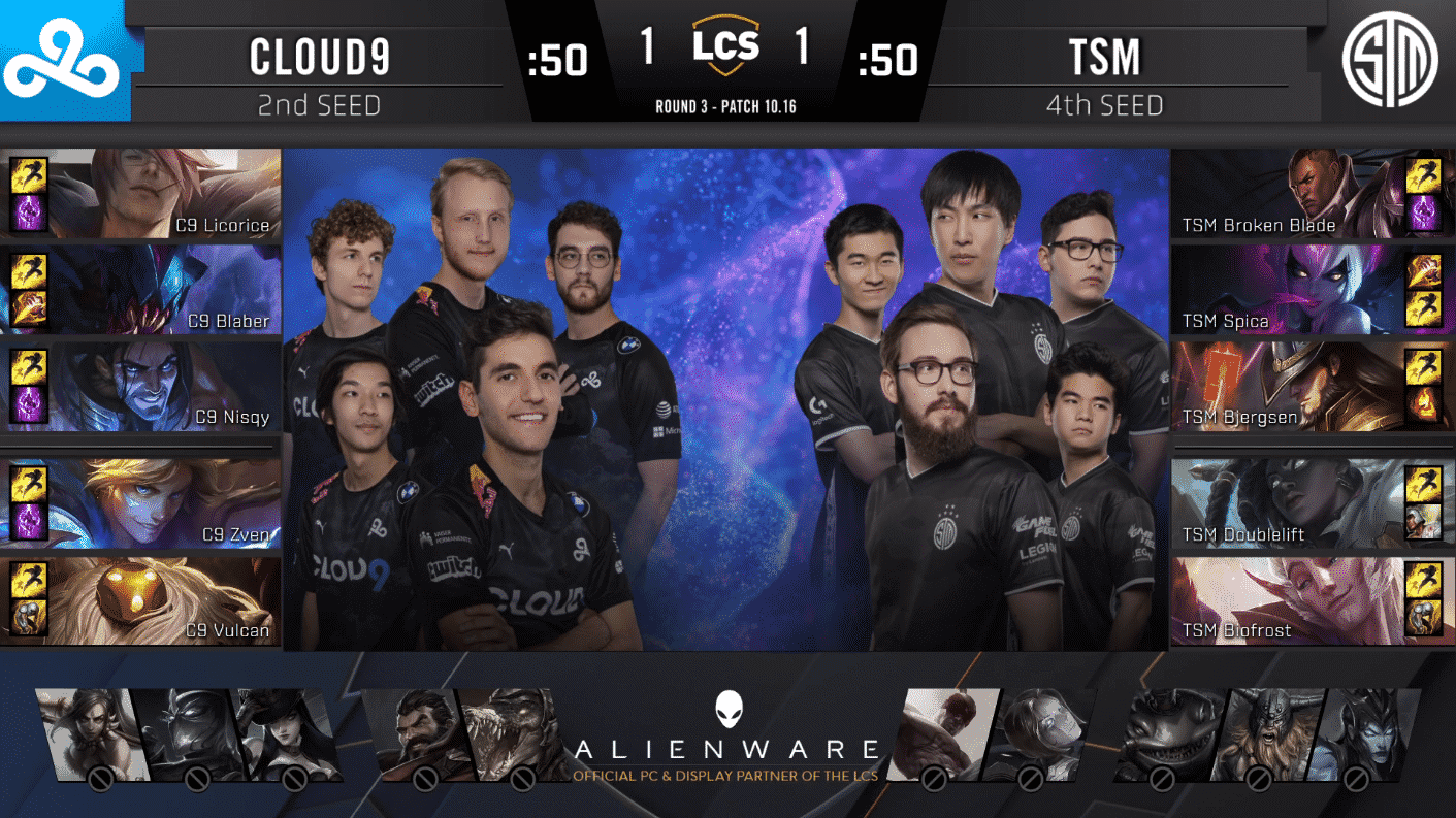 A pre-game screen showing the TSM and Cloud9 LCS rosters with their game drafts and champion images to the sides