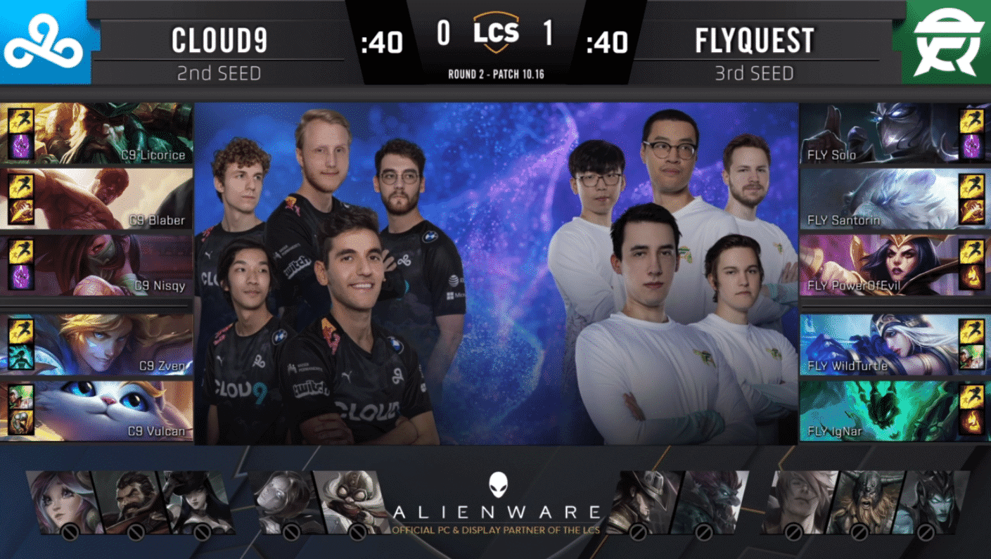 A pre-game screen showing the Cloud9 and FlyQuest LCS rosters with their game drafts and champion images to the sides