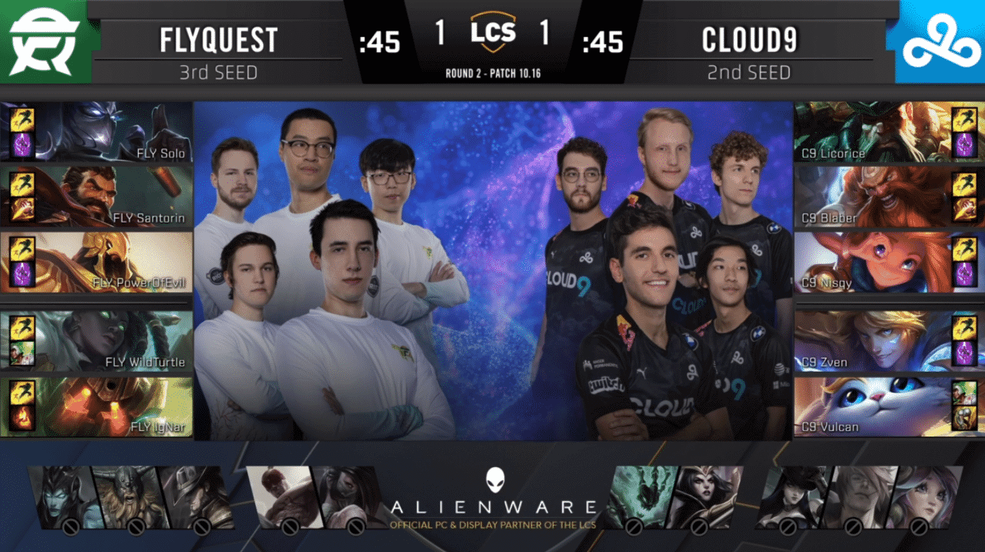A pre-game screen showing the Cloud9 and FlyQuest LCS rosters with their game drafts and champion images to the sides