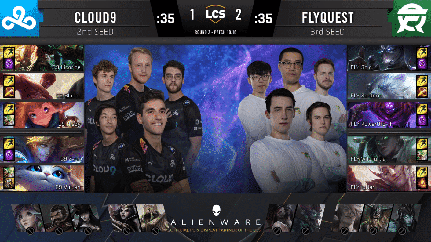 A pre-game screen showing the Cloud9 and FlyQuest LCS rosters with their game drafts and champion images to the sides