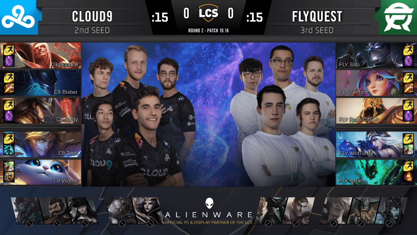 A pre-game screen showing the Cloud9 and FlyQuest LCS rosters with their game drafts and champion images to the sides