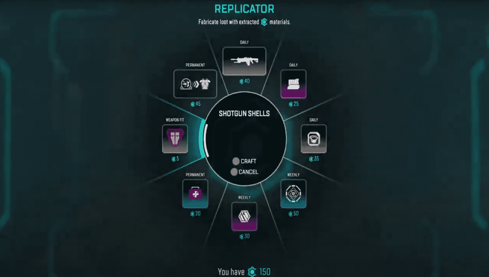 A crafting wheel in Apex Legends showing small pictures of guns and equipment