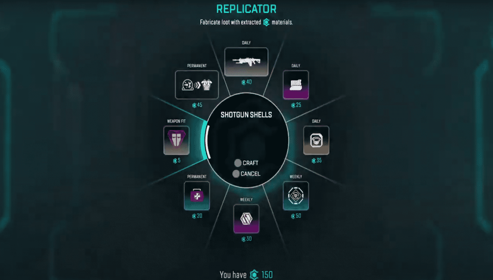 A crafting wheel in Apex Legends showing small pictures of guns and equipment