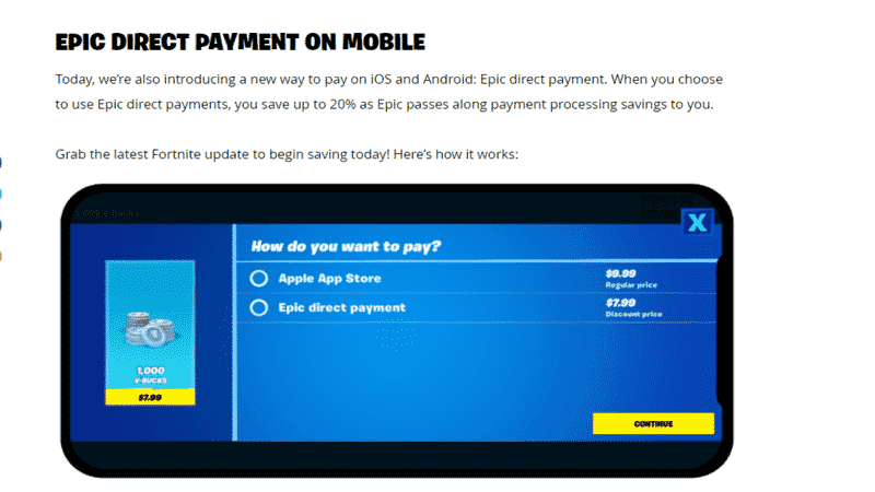A picture of a phone showing payment options for Fortnite with a description of Epic Direct Payment