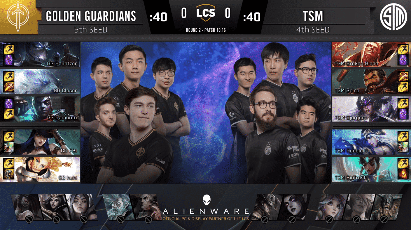 A pre-game screen showing the TSM and Golden Guardians LCS rosters with their game drafts and champion images to the sides