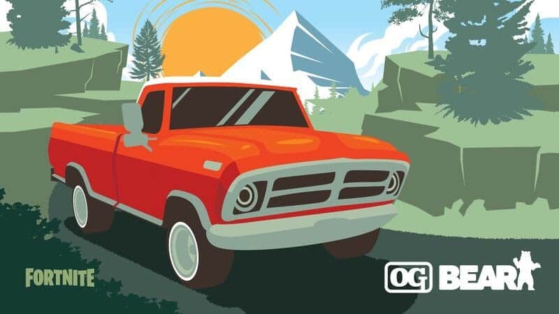 Art of the OG Bear Fortnite truck on a woody, mountain setting
