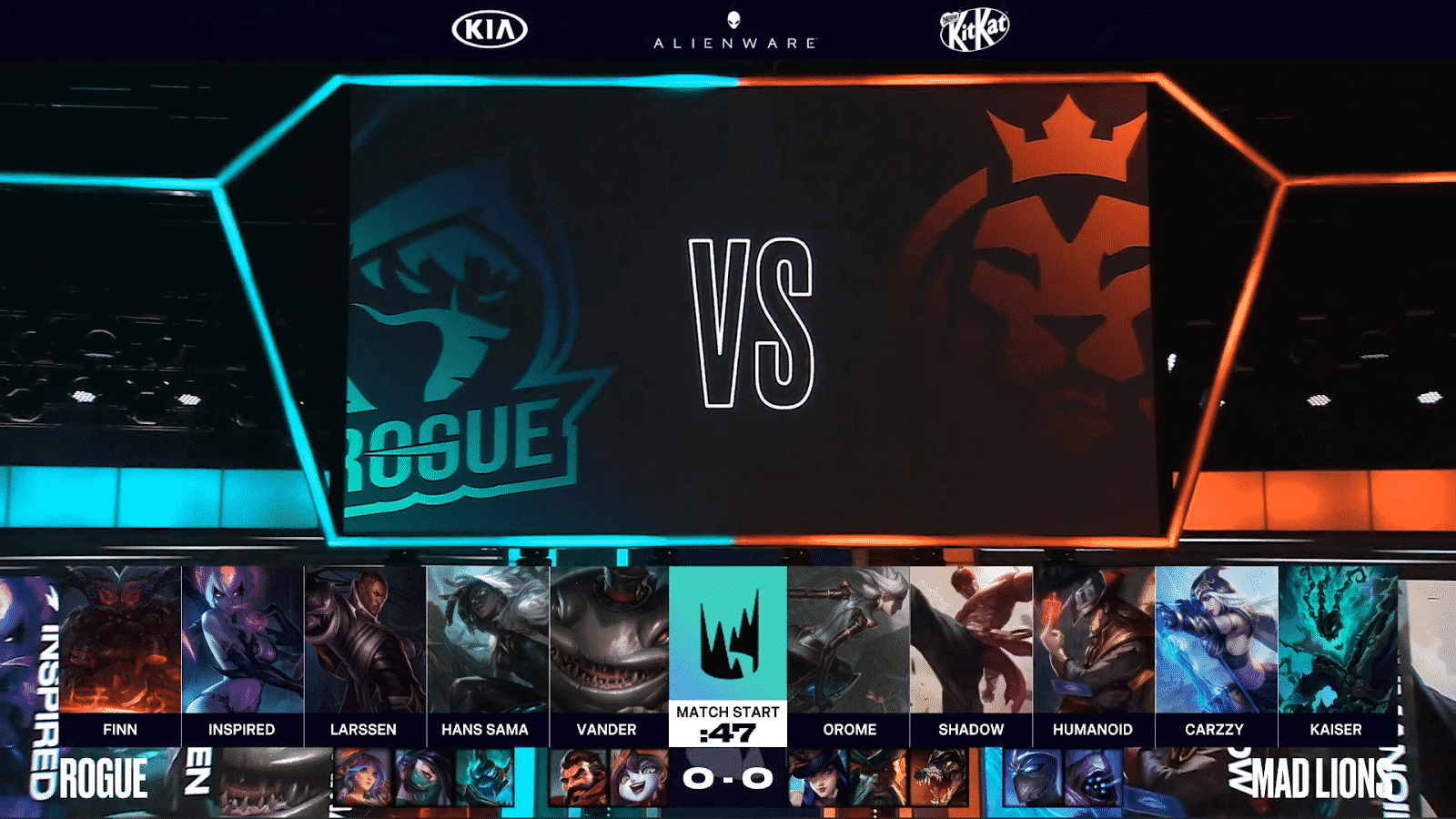 The LEC arena with a blue Rogue logo and orange MAD Lions logo with their game 1 drafts below