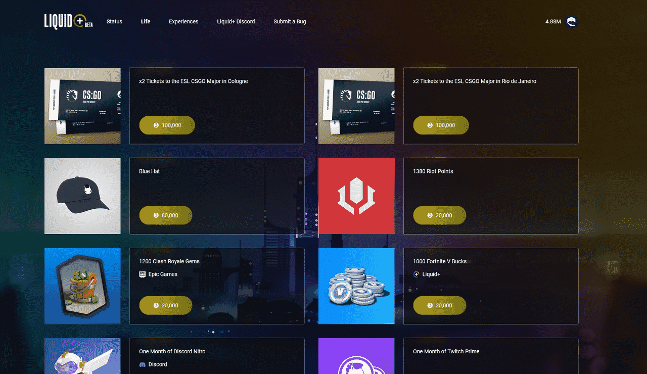 A screenshot of the Liquid+ rewards shop, with boxes featuring Team Liquid apparel, gaming currency and esports event tickets