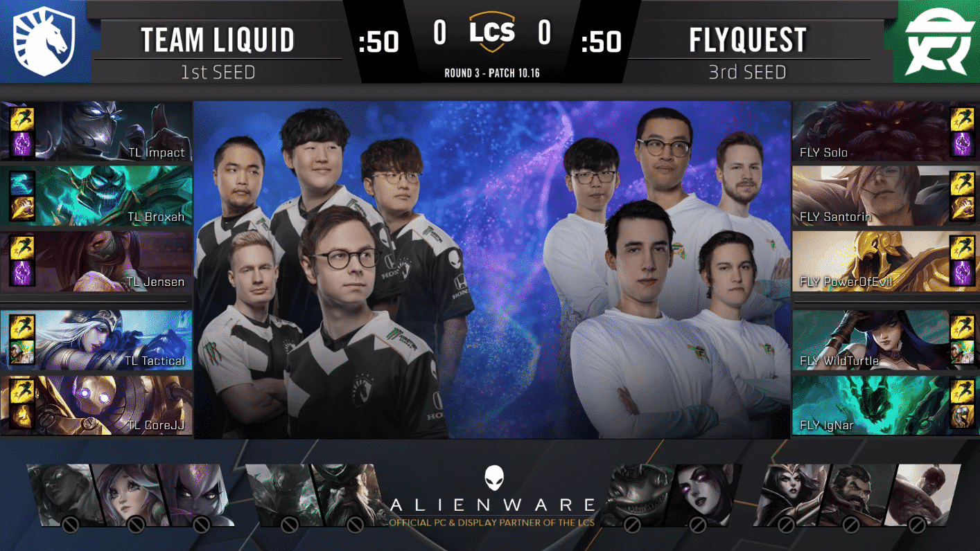 A pre-game screen showing the Team Liquid and FlyQuest LCS rosters with their game drafts and champion images to the sides