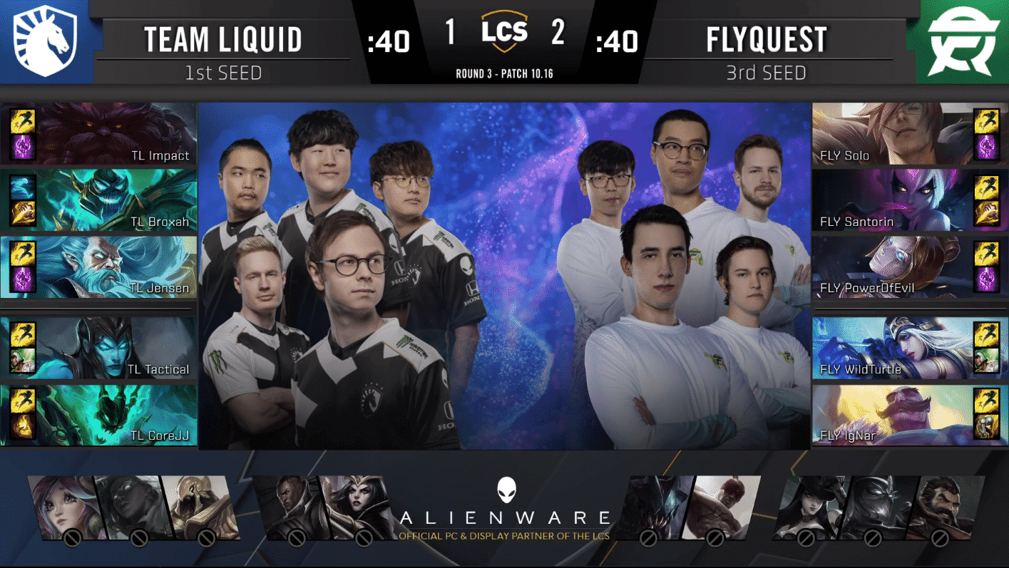 A pre-game screen showing the Team Liquid and FlyQuest LCS rosters with their game drafts and champion images to the sides