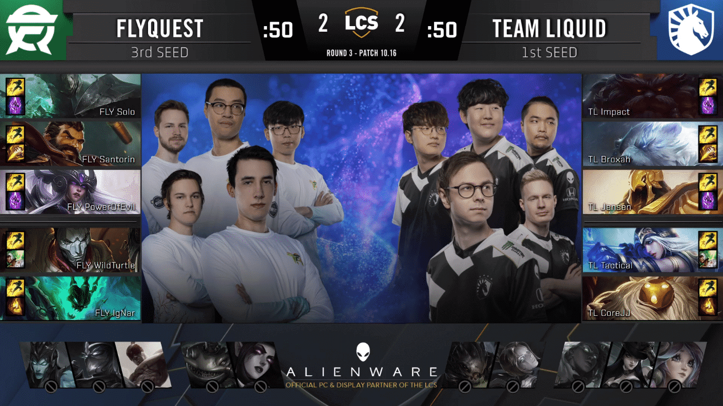 A pre-game screen showing the Team Liquid and FlyQuest LCS rosters with their game drafts and champion images to the sides