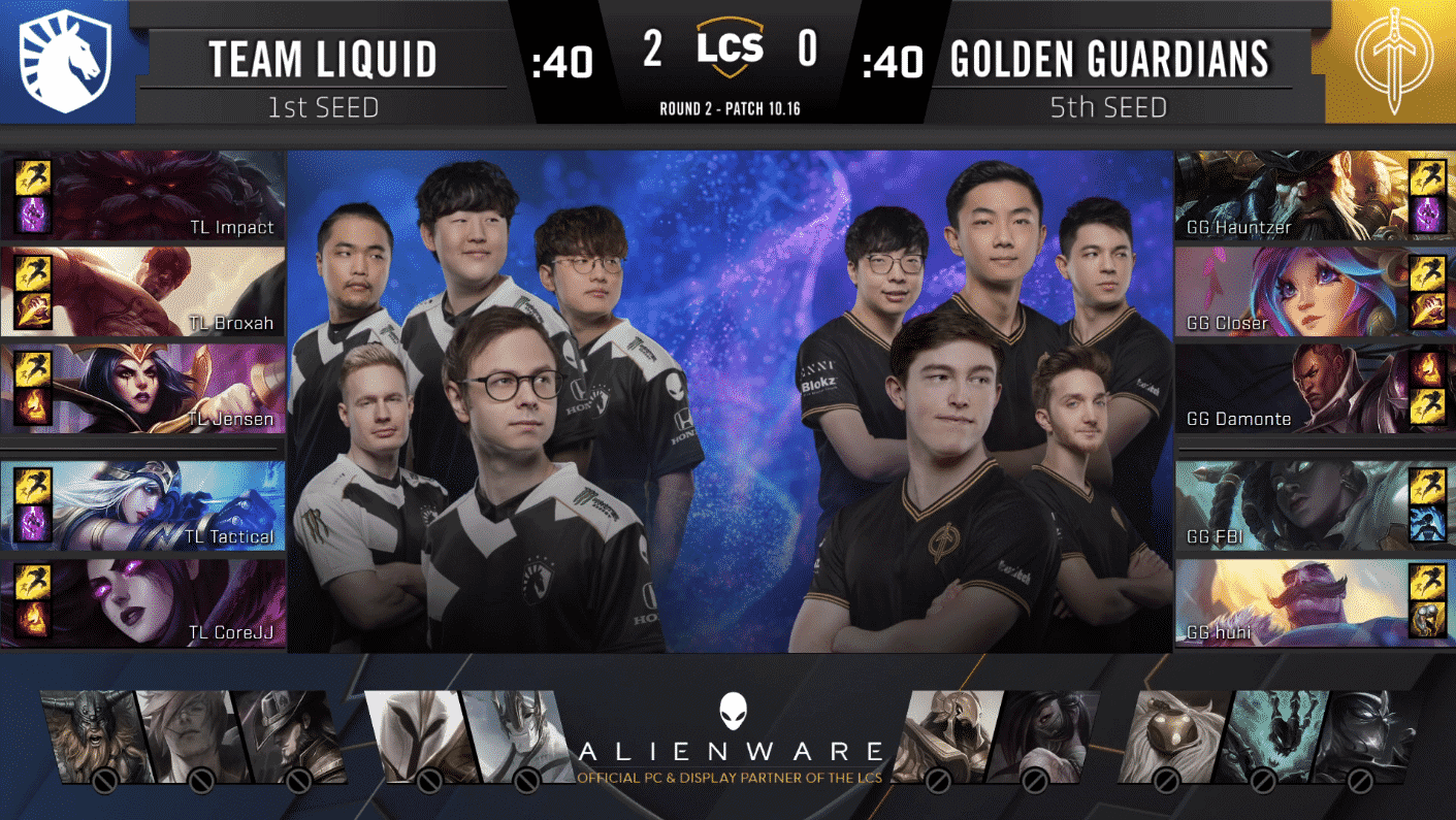A pre-game screen showing the Team Liquid and Golden Guardians LCS rosters with their game drafts and champion images to the sides