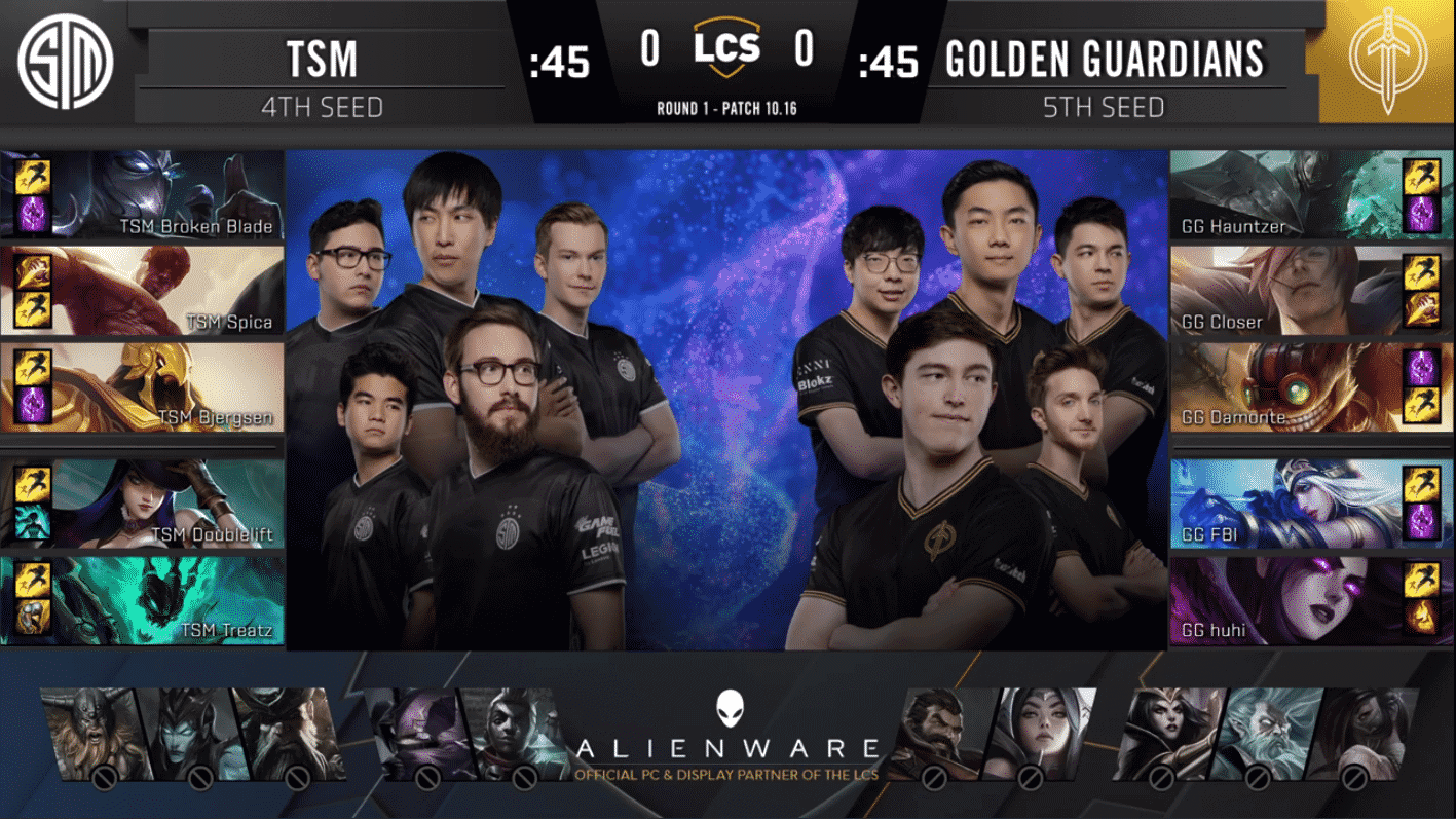 A pre-game screen showing the TSM and Golden Guardians LCS rosters with their game drafts and champion images to the sides