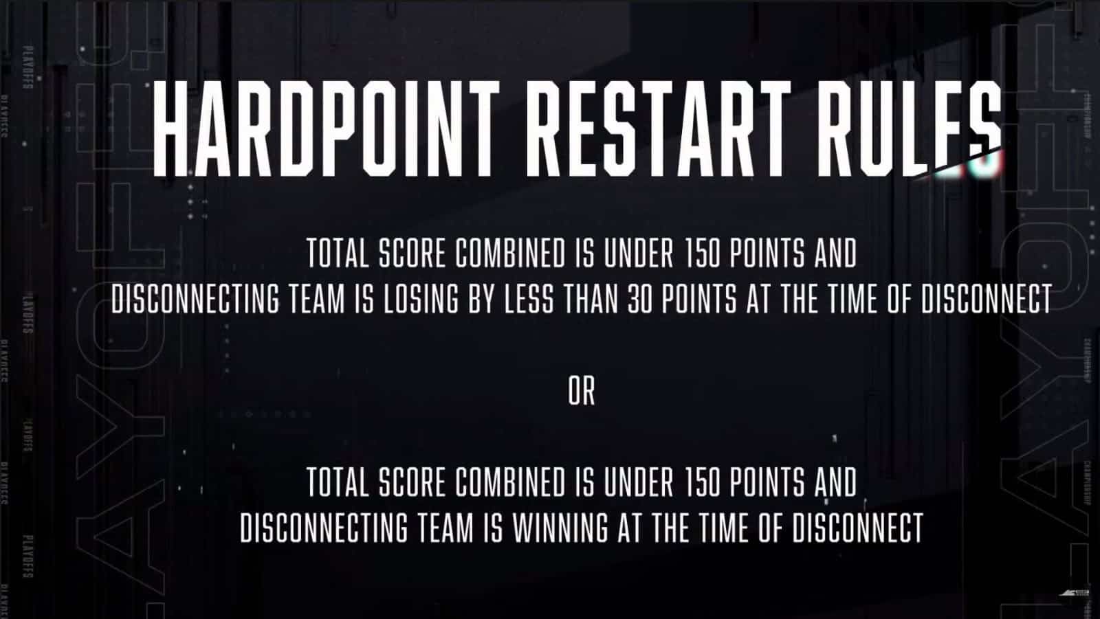 A graphic listing the new Hardpoint restart rules which went into effective during map 4 of OGLA vs the LA Guerrillas