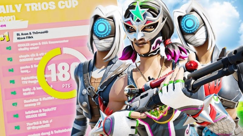 Rankings for the daily trios cup appears behind BL Anas, Wave Flikk and Th0masHD's heroes