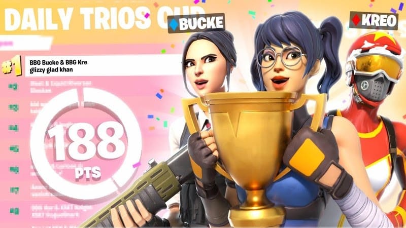 Rankings for the Daily Trios Cup showing BBG Kreo, BBG Bucke and TSM Khanada in first place