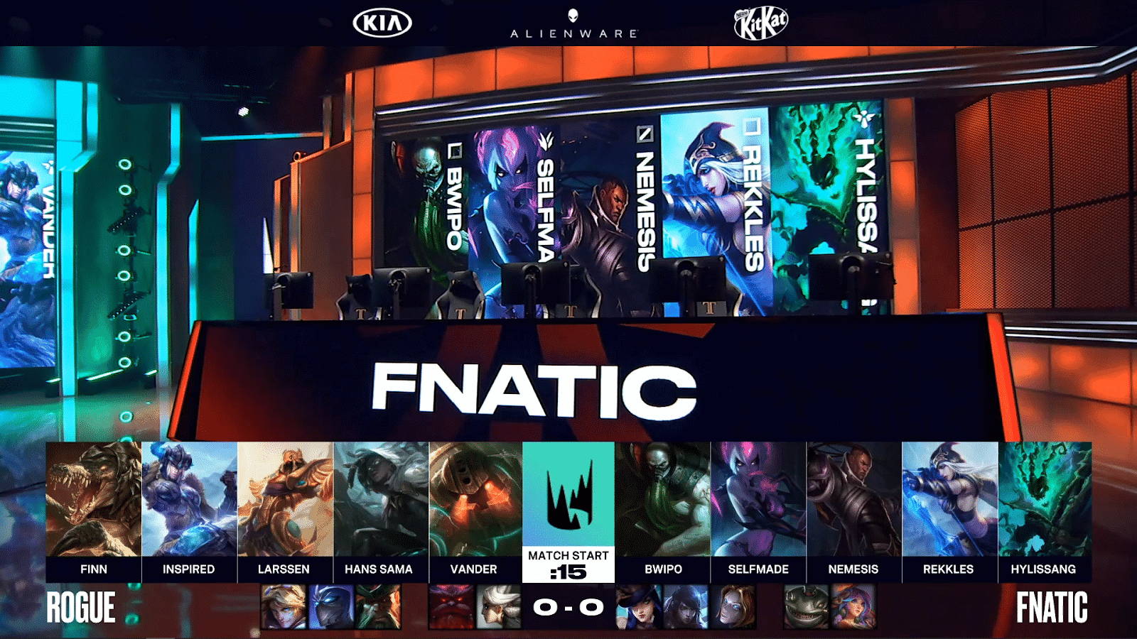 A picture of the LEC arena lit up with FNC and RGE's drafts for playof game one