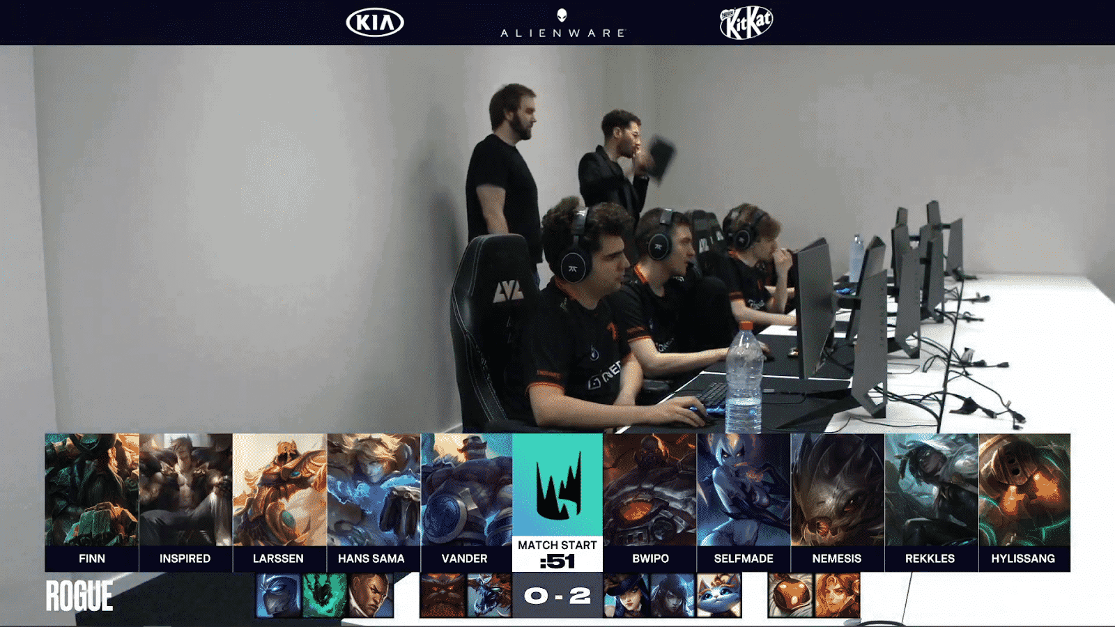 The Fnatic LEC roster lined up ready for game three against Rogue with their draft below