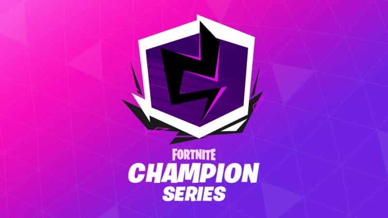 The purple Fortnite logo depicting the storm appears against a purple and pink background. The words Fortnite Championship Series appears below in bold white font
