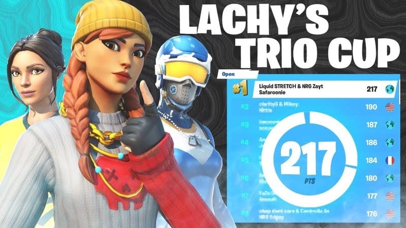 Rankings for Lachy's Trio Cup, showing NRG Zayt, TSM Saf and Liquid STRETCH in first place