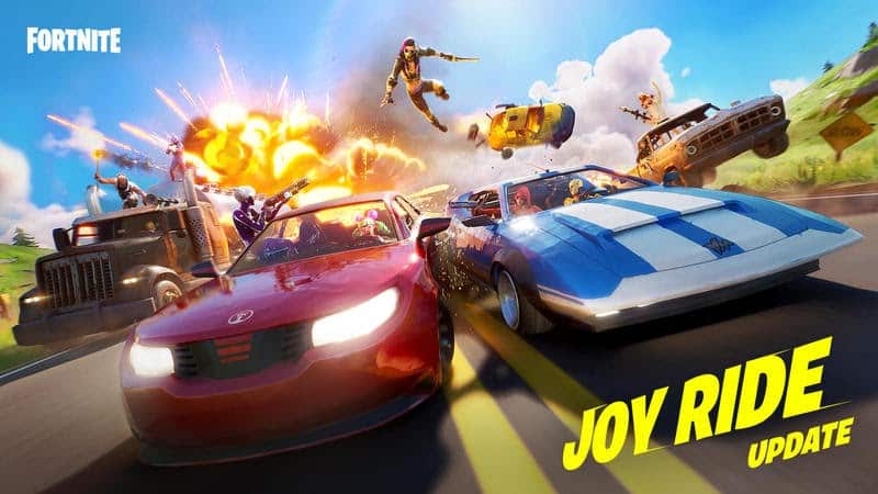 Fortnite Joy Ride Update promo image with cars racing next to each other and an explosion in the background