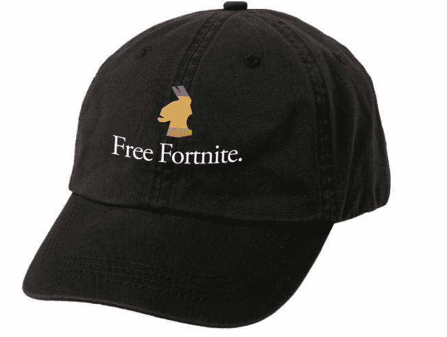 A black baseball cap with the a parody of the 1980's Apple Macintosh logo. It shows the Fortnite Llama in the iconic rainbow striped colors with a bite missing from the back of its head. The words Free Fortnite appear underneath.