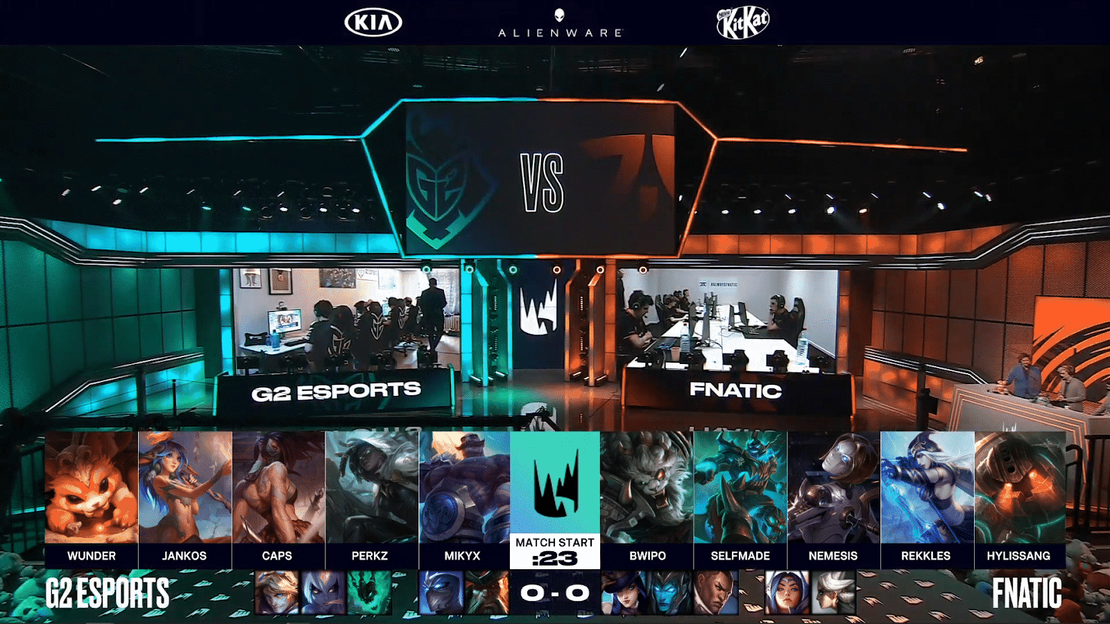 The LEC arena lit up with blue and orange lights with the G2 vs FNC game one draft below