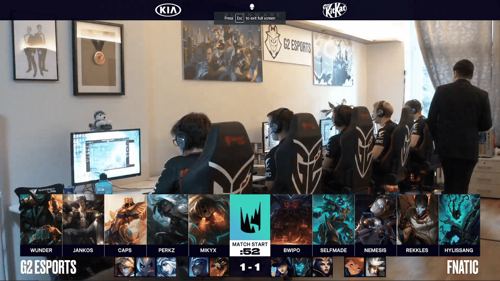 G2 Esports' LEC team getting ready for game with their game three draft versus Fnatic beneath