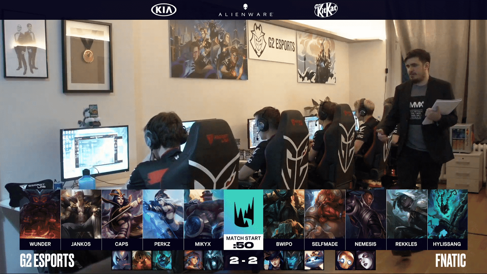 G2 Esports' LEC team getting ready for game with their game five draft versus Fnatic beneath
