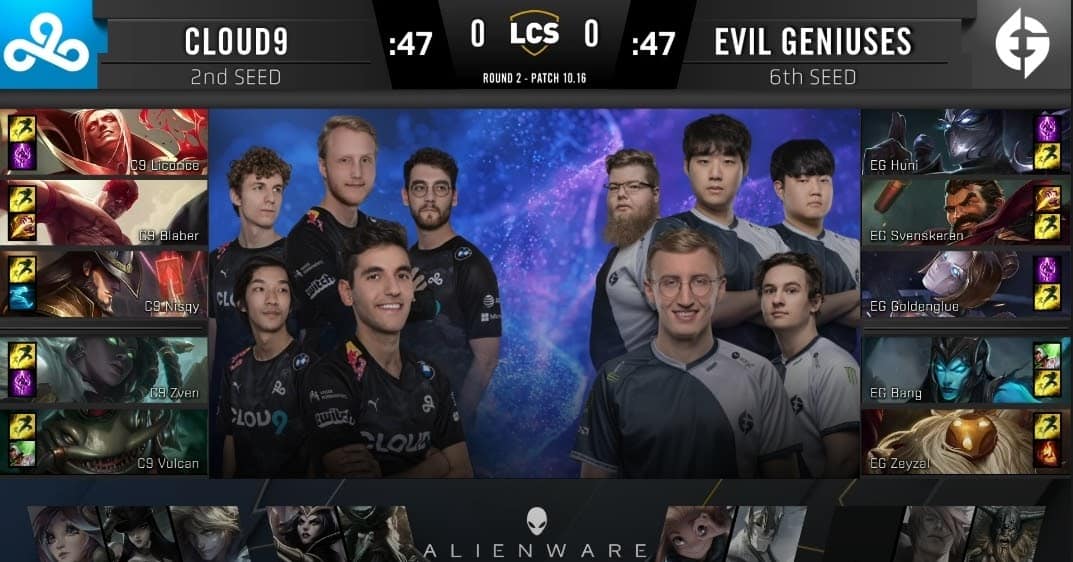 The rosters for Cloud 9 and Evil Geniuses stand against a background of fluroscent stars, portrait art of the Champion's each player is using in the game appear beside them