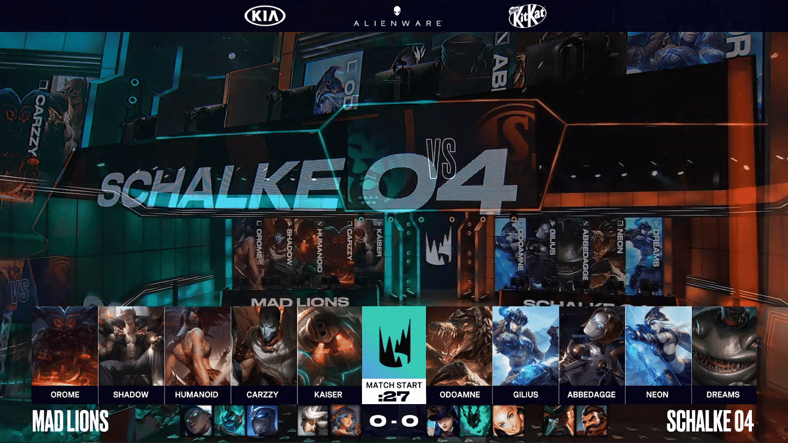 The Champion select screen showing the champions chosen by both teams in game one