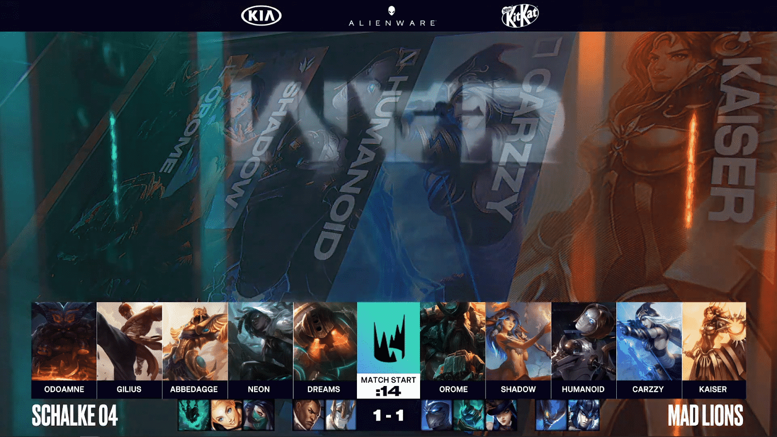 The Champion select screen showing the champions chosen by both teams in game three