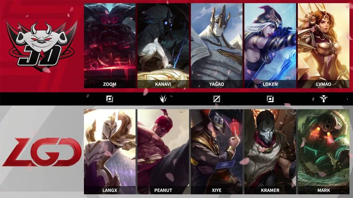 The JD Gaming and LGD.PSG LPL logos appear with their playoff game drafts next to them