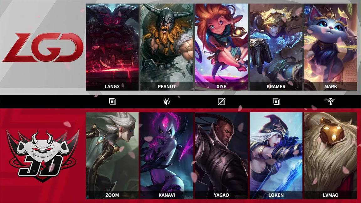 The JD Gaming and LGD.PSG LPL logos appear with their playoff game drafts next to them
